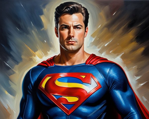 Muscular superhero in blue suit with red cape