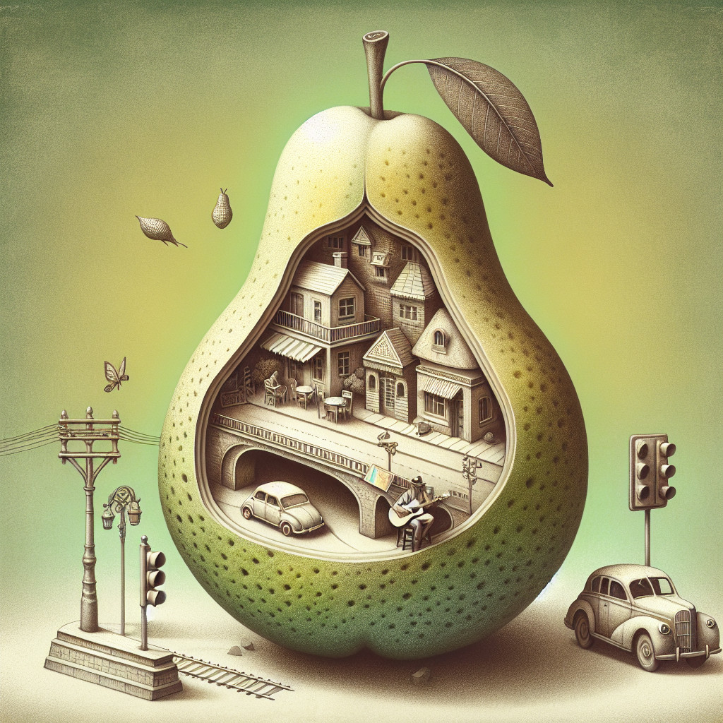 Whimsical Pear Illustration with Intricate Village Scene
