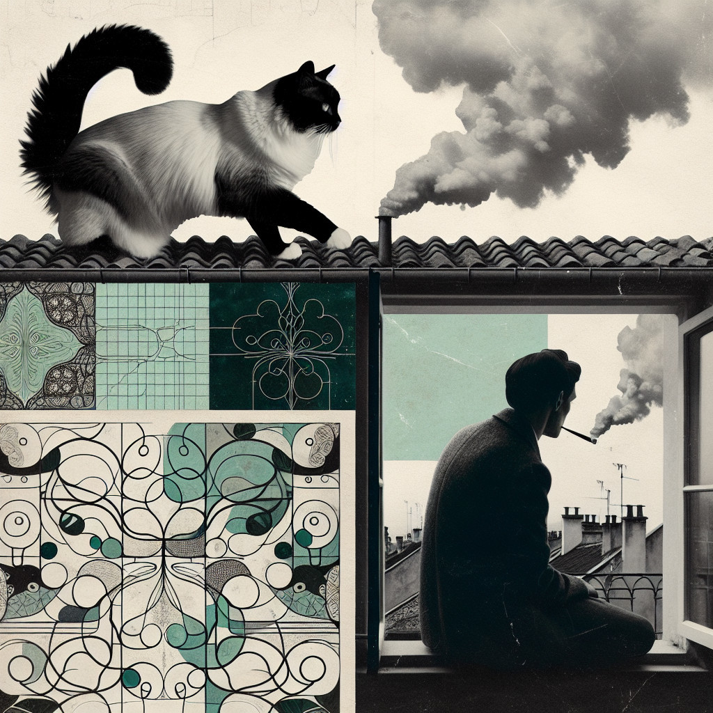 Surreal Artwork of Cat on Rooftops and Abstract Designs