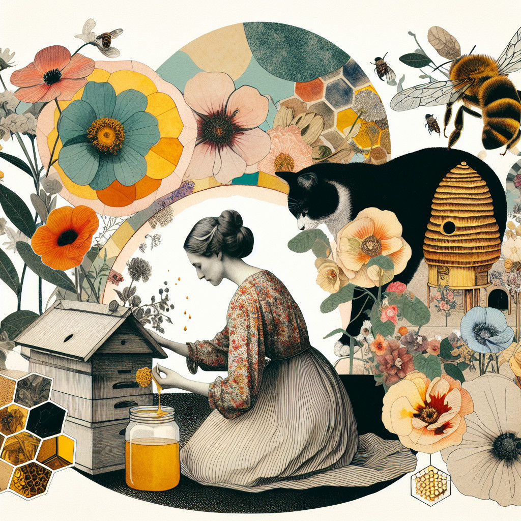 Woman Tending Beehive Amidst Flowers and Bees