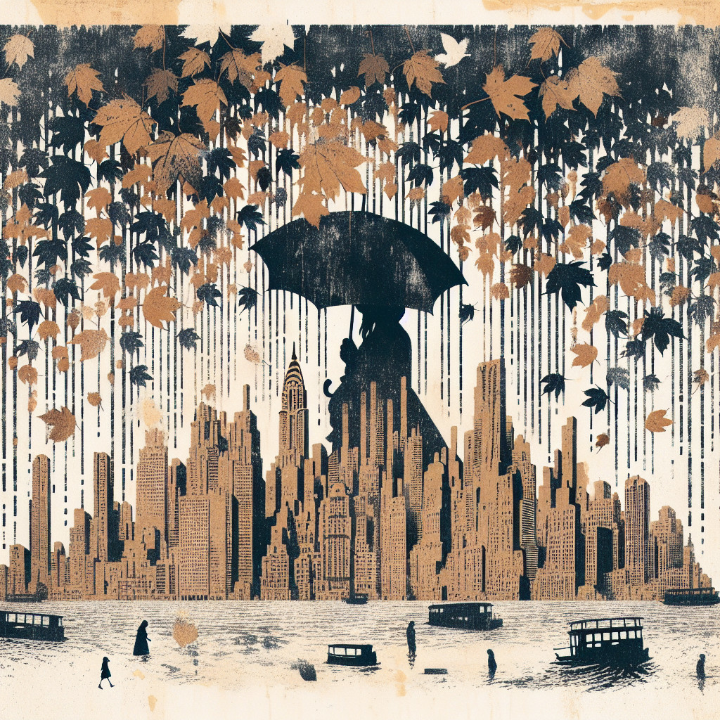 Silhouette with Umbrella Amidst Autumn Leaves and Skyline