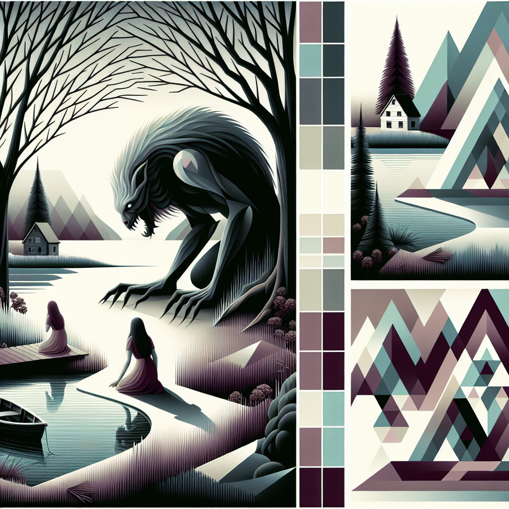 Surreal Landscape with Monstrous Figure and Tranquil Lake
