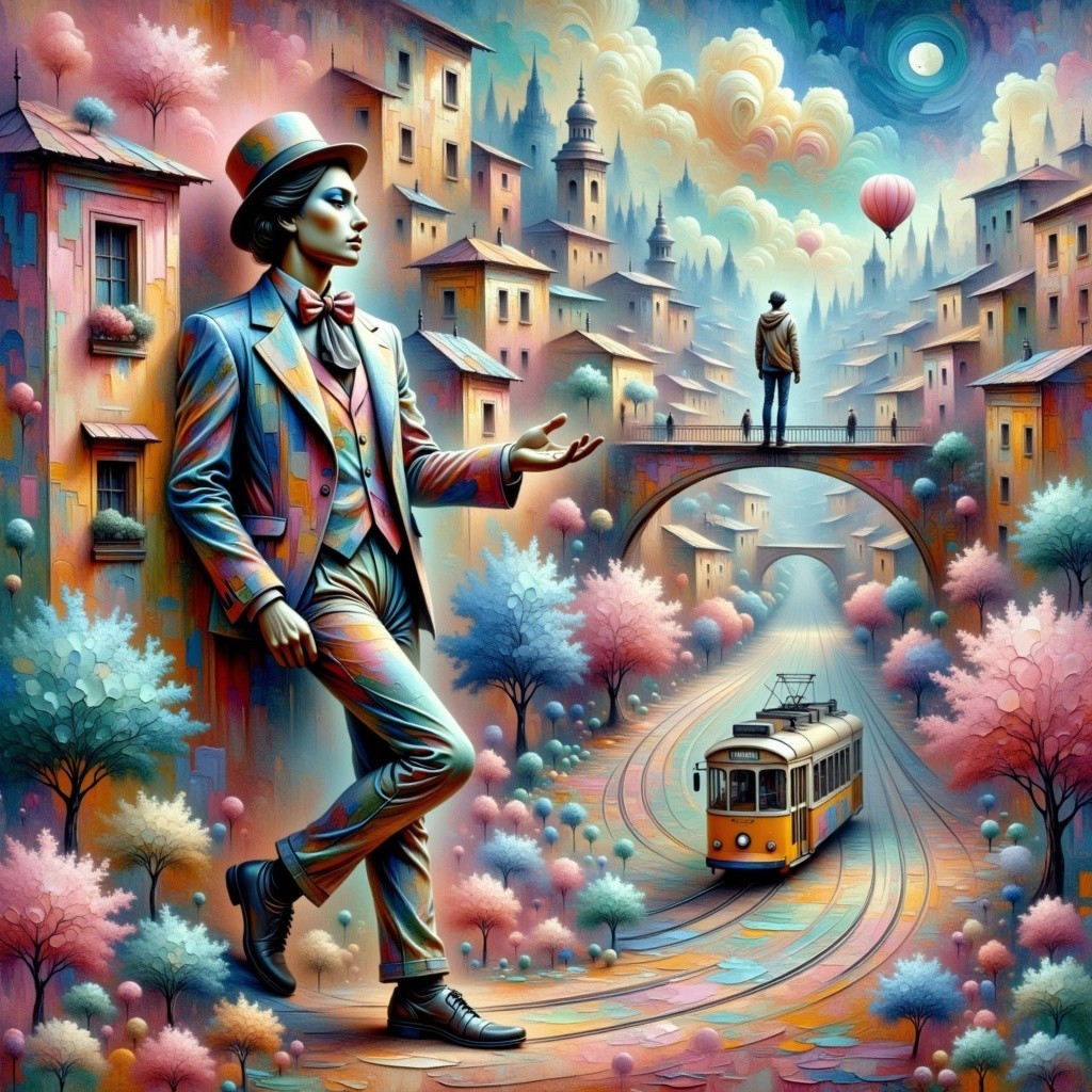 Vibrant Dreamlike Cityscape with Stylish Figure