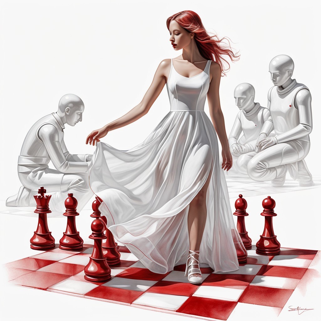Woman in White Dress on Chessboard with Robots