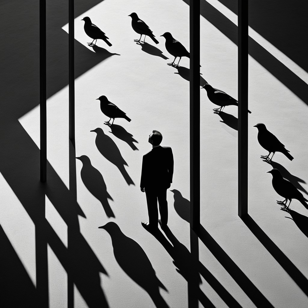 Solitary Figure in Shadowy Environment with Birds
