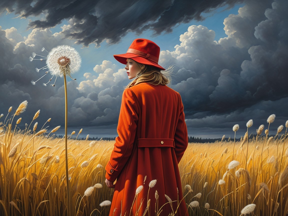 Woman in Red Coat in Golden Wheat Field with Dandelion