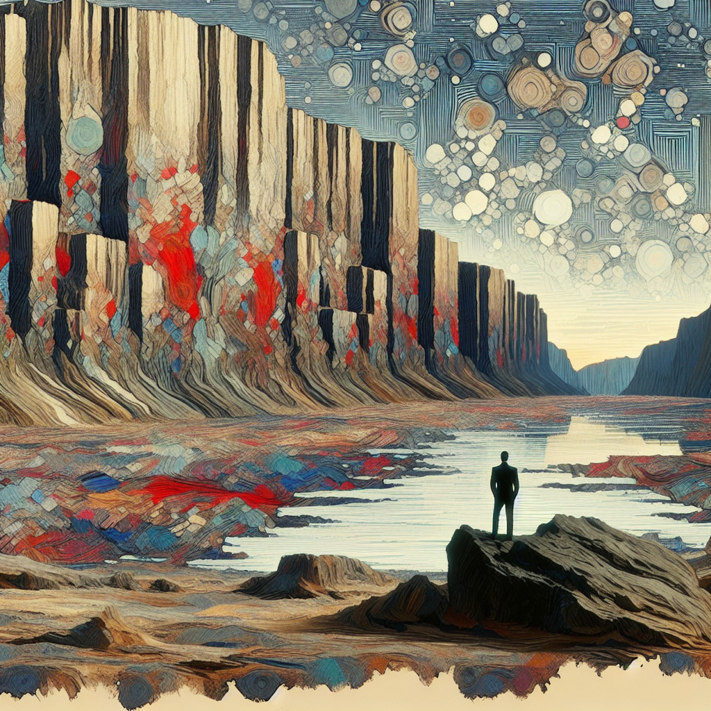 Solitary Figure on Rocky Shore with Vibrant Cliffs