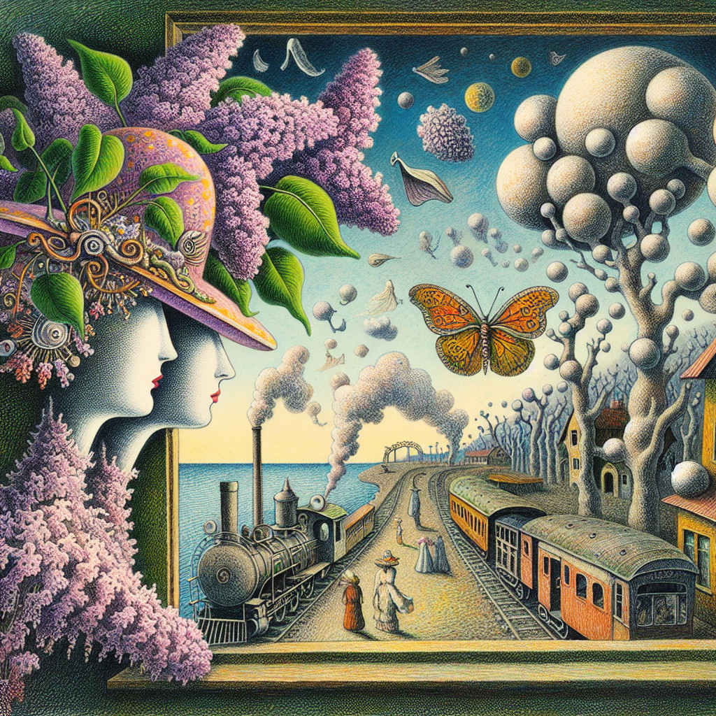 Stylized Faces with Floral Hat and Whimsical Landscape