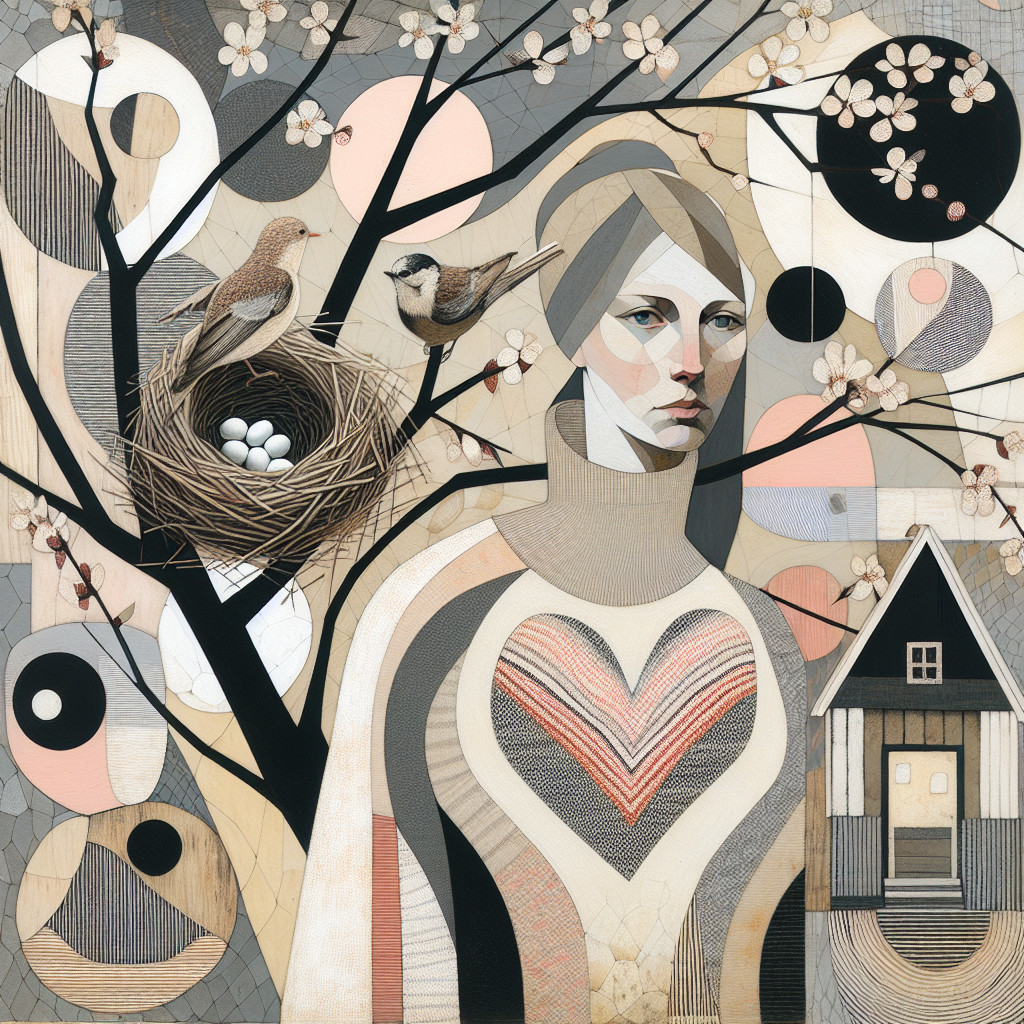 Stylized Woman Surrounded by Abstract Shapes and Nature