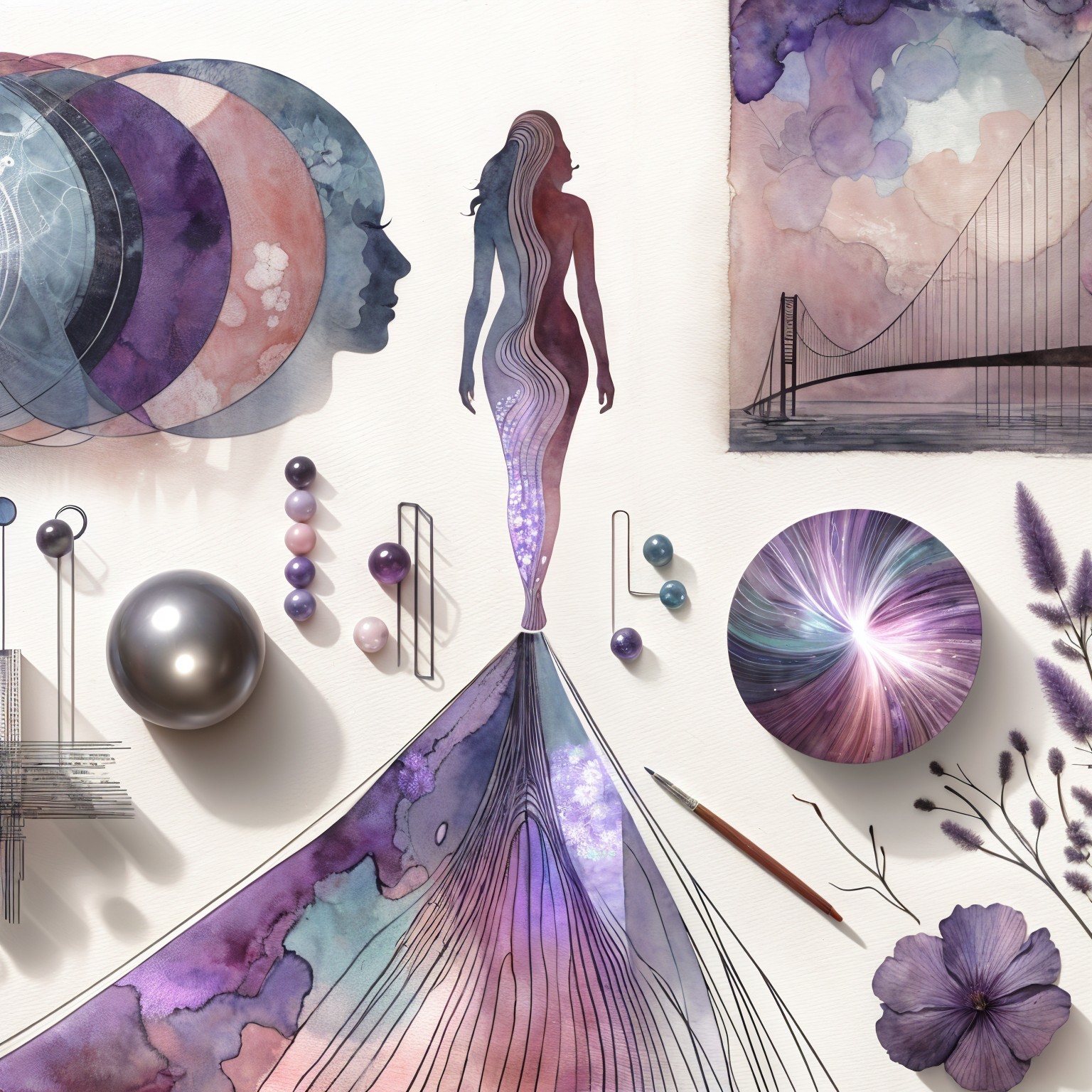 Tranquil Artistic Composition with Silhouette and Watercolors