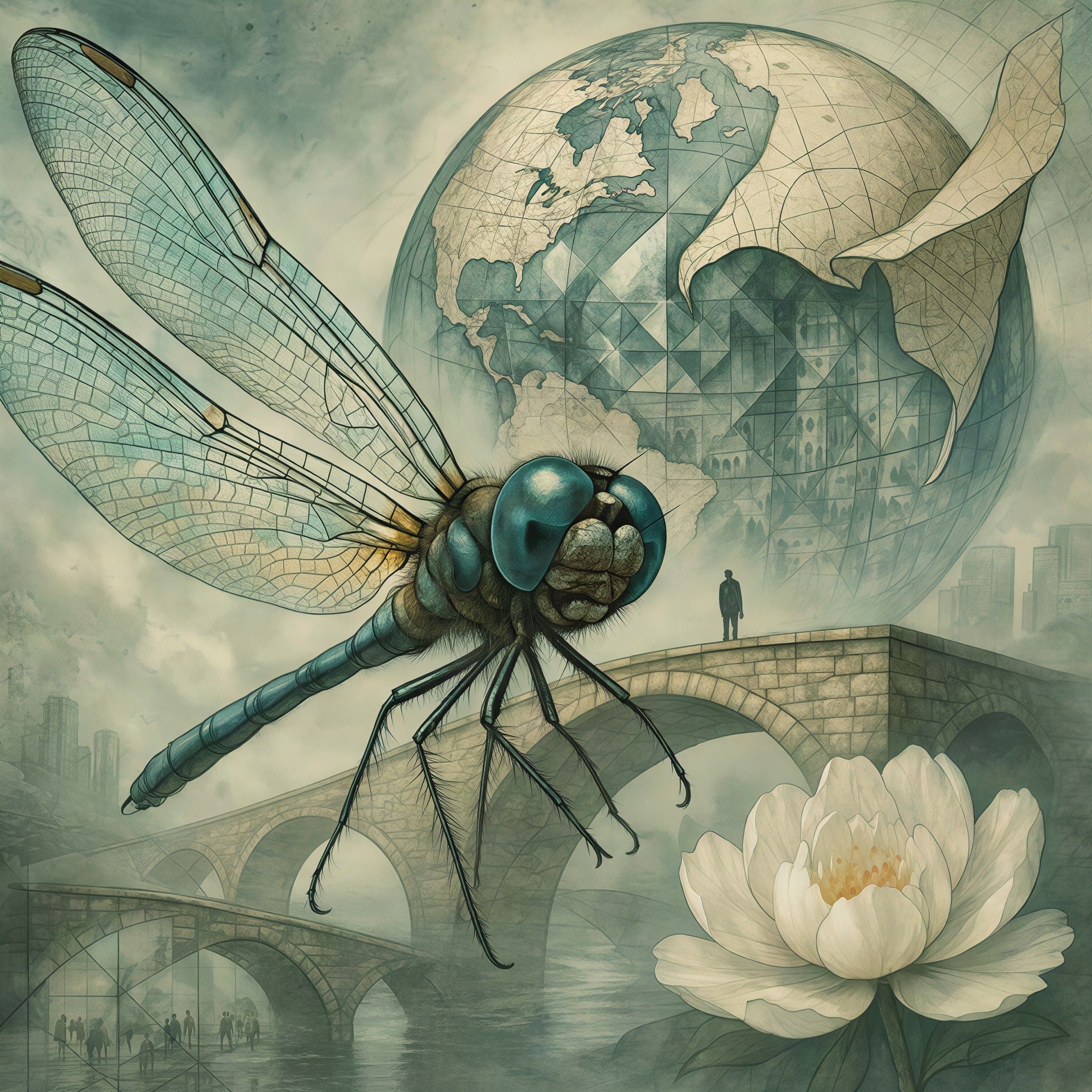 Detailed Dragonfly and Vintage Globe Artwork Description