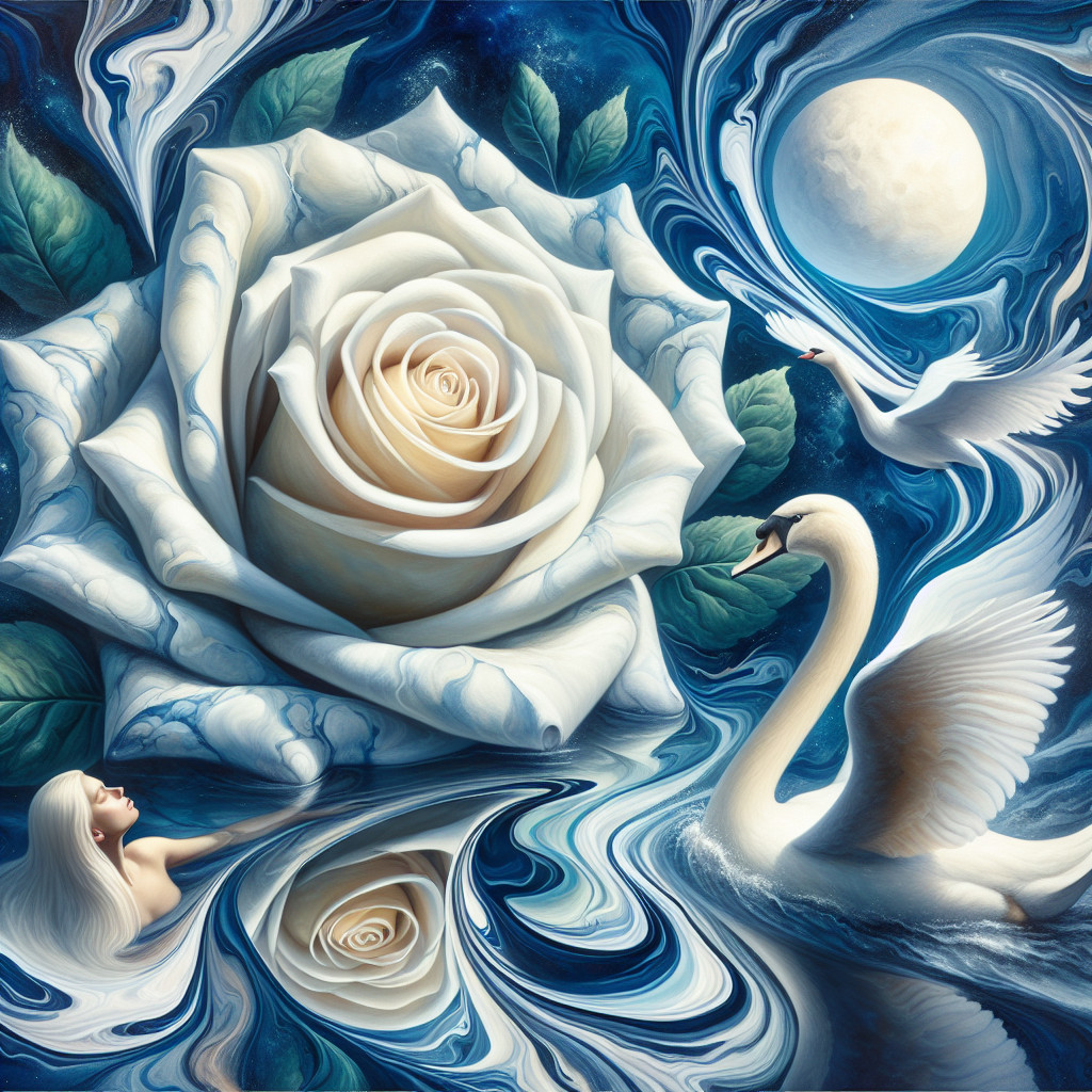 Surreal Scene with Giant White Rose and Floating Woman