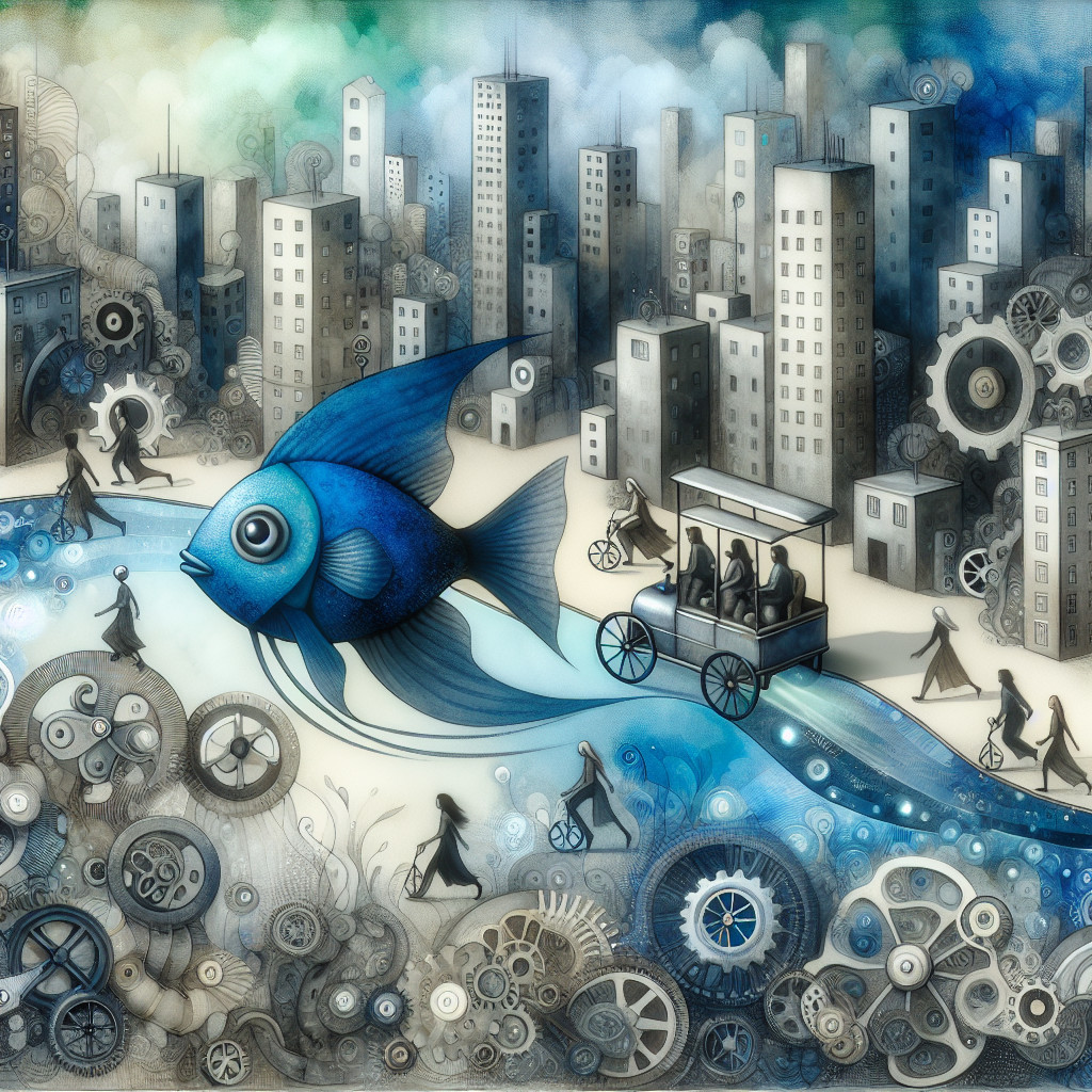 Surreal Blue Cityscape with Fish on Wheels