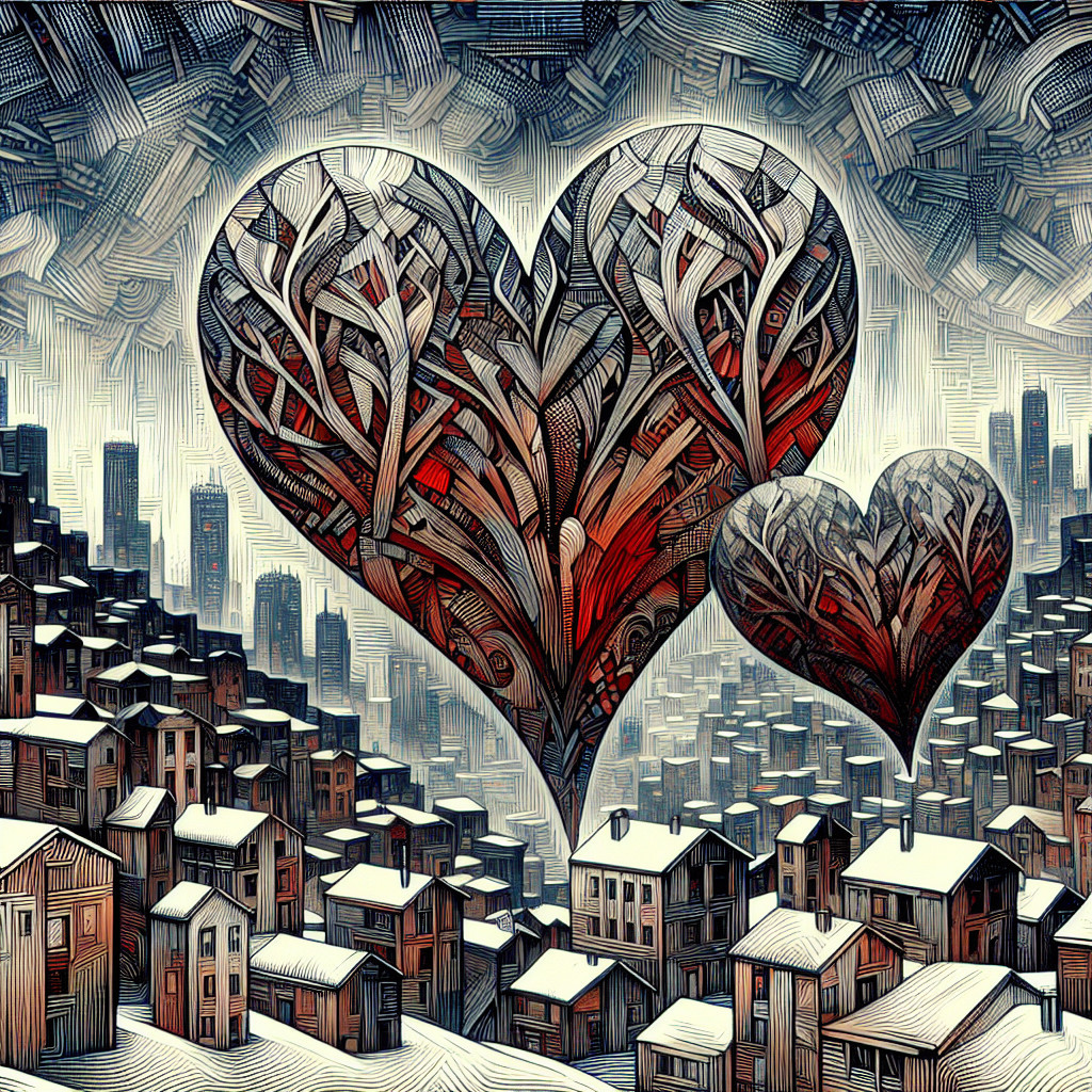 Intricately Designed Hearts Above Snowy Cityscape
