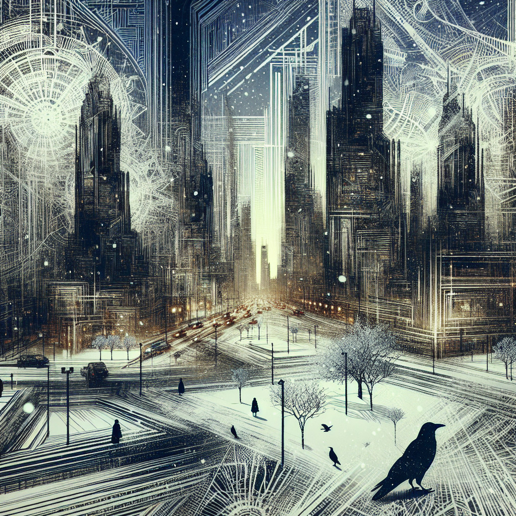 Futuristic cityscape with skyscrapers and snowfall