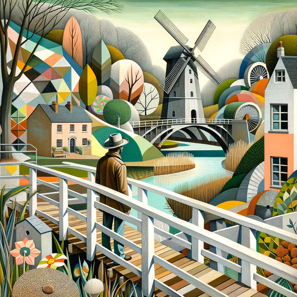 Colorful Stylized Landscape with River and Windmill