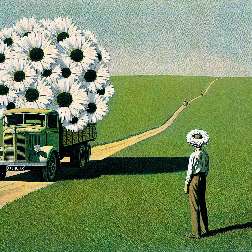 Surreal Scene with Vintage Truck and Daisies