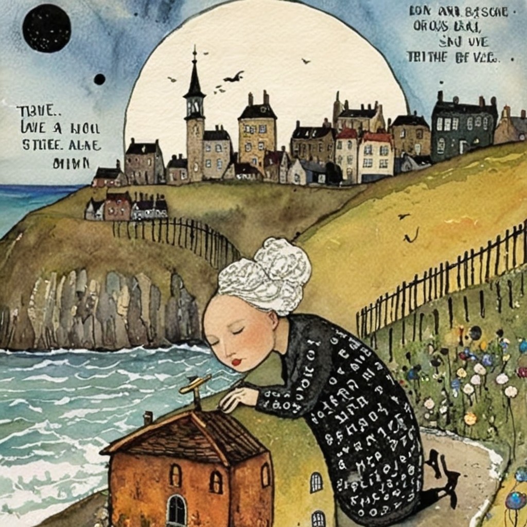 Whimsical Illustration of Woman by the Sea and Moon