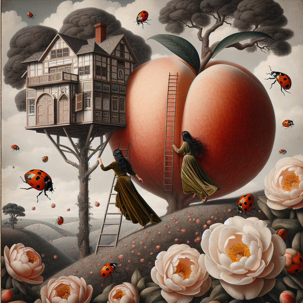 Whimsical Landscape with Women, Peach, and Treehouse