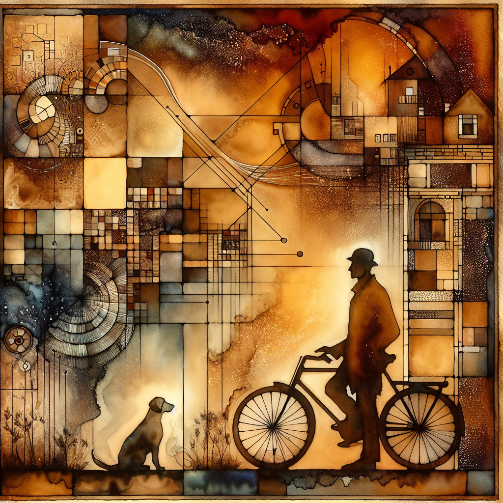 Silhouette of a Man on Bicycle with Dog in Abstract Art