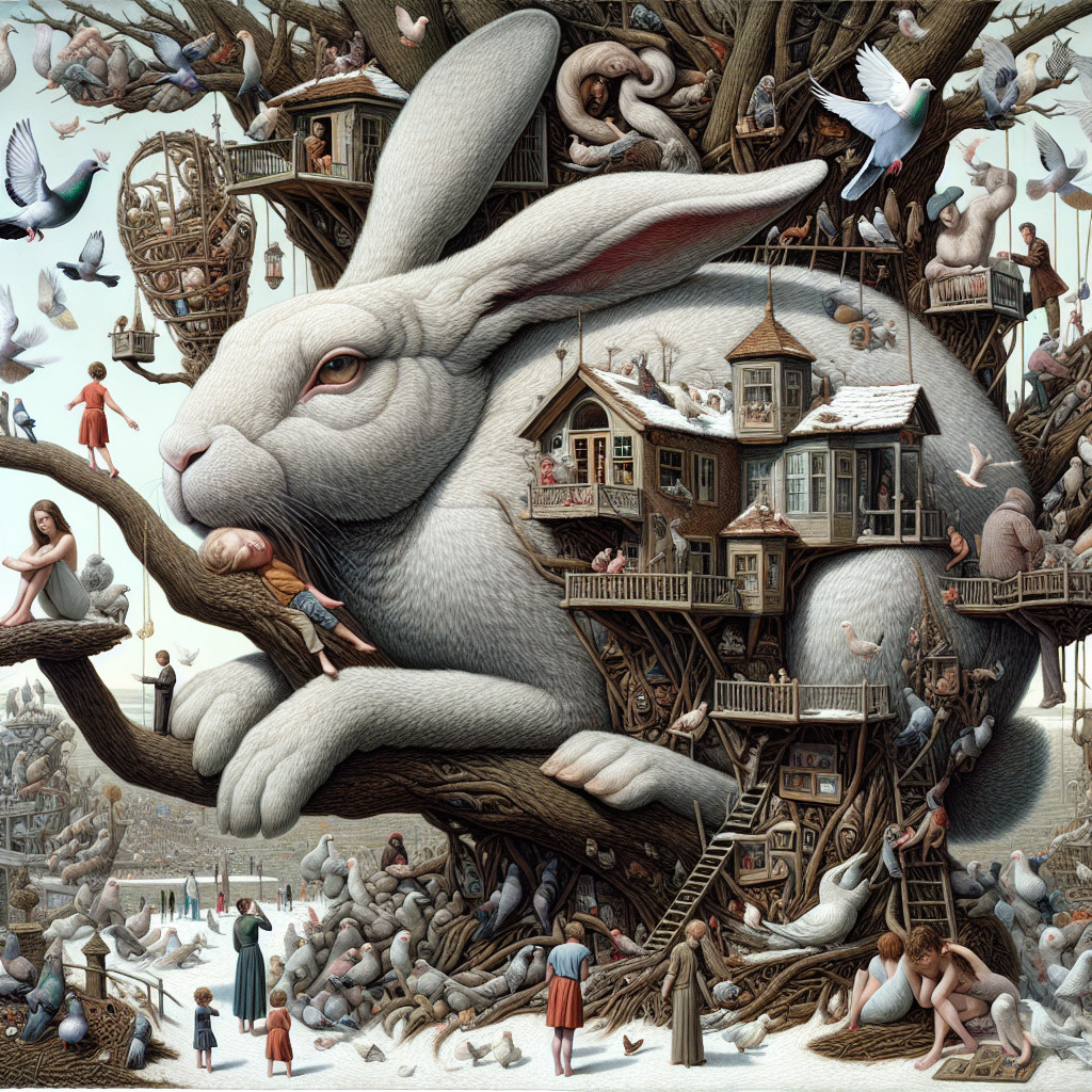 Giant White Rabbit in a Surreal Tree Scene