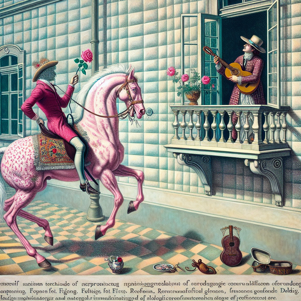Whimsical Scene of Pink Horse and Musician at Window