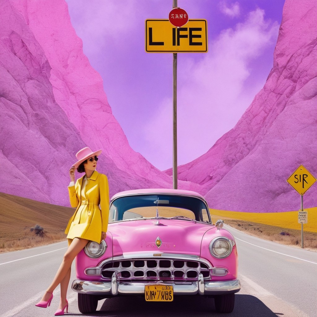 Woman in Yellow Dress by Pink Car on Open Road