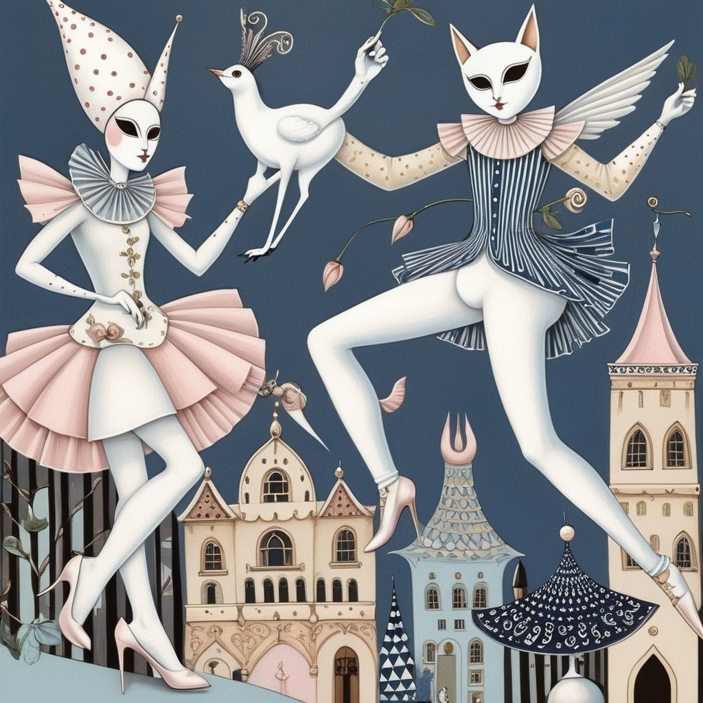 Whimsical Characters in Costumes Dance Against Blue Background