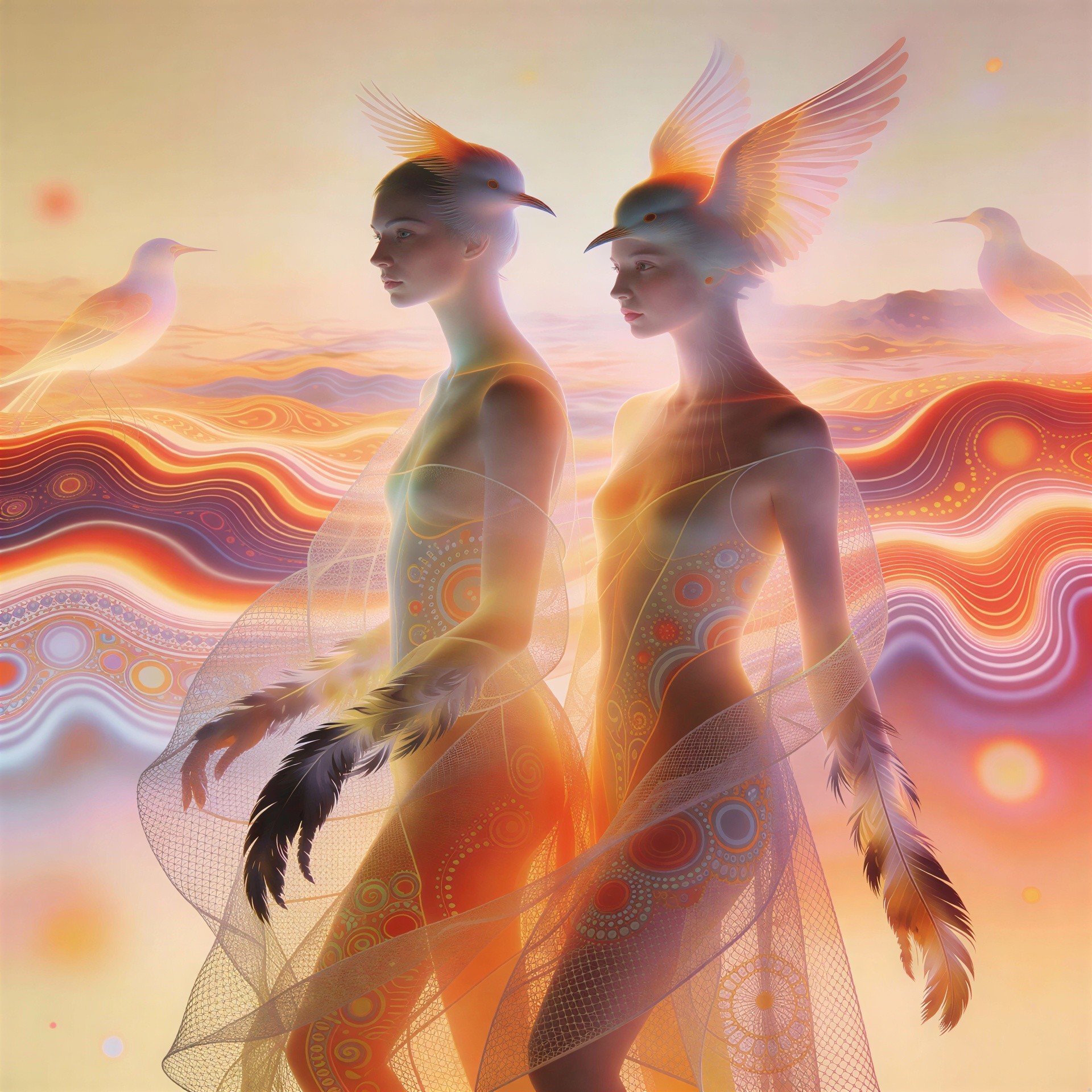 Translucent figures with bird heads in vibrant landscape