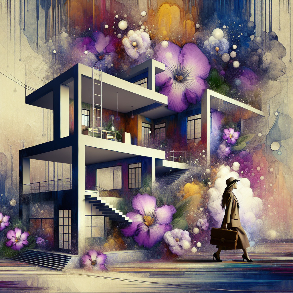 Surreal Scene of Abstract House and Colorful Flowers