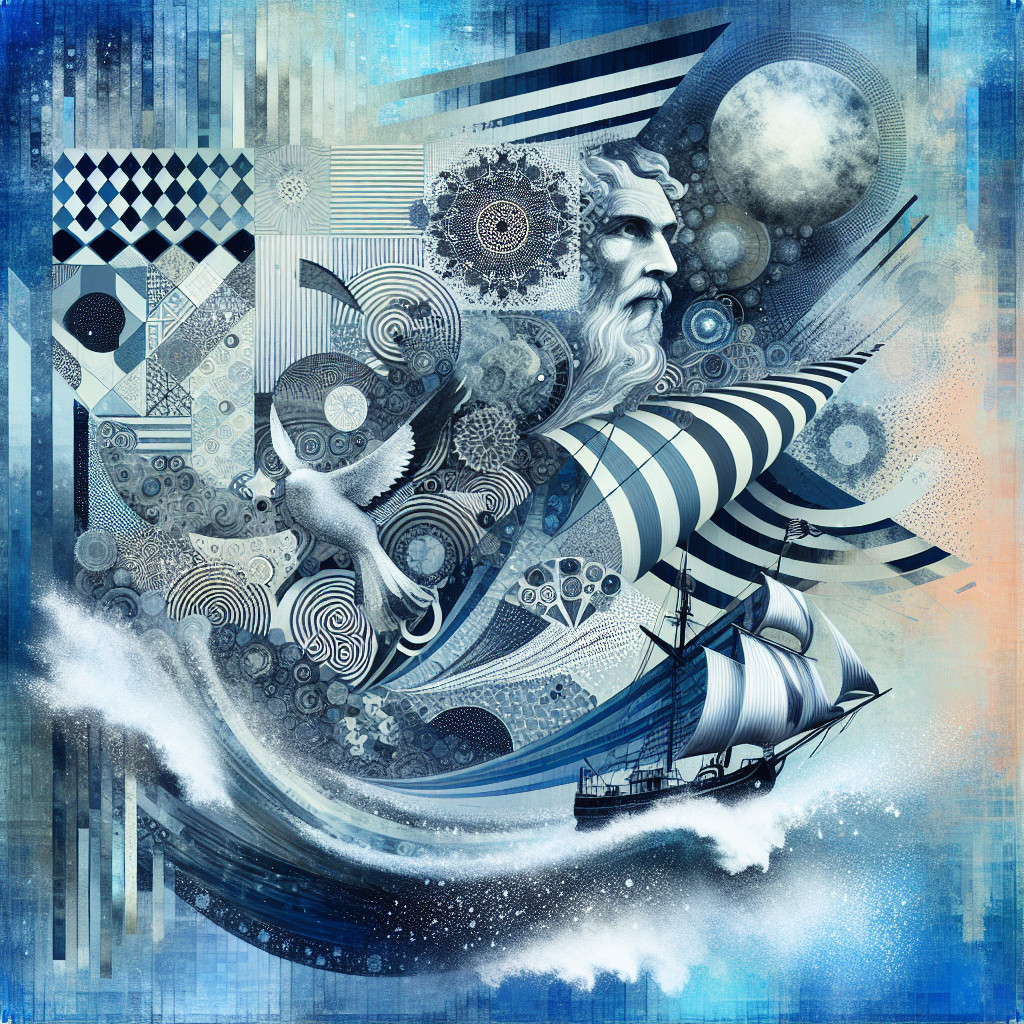 Vibrant Abstract Artwork with Ship and Mythical Figure