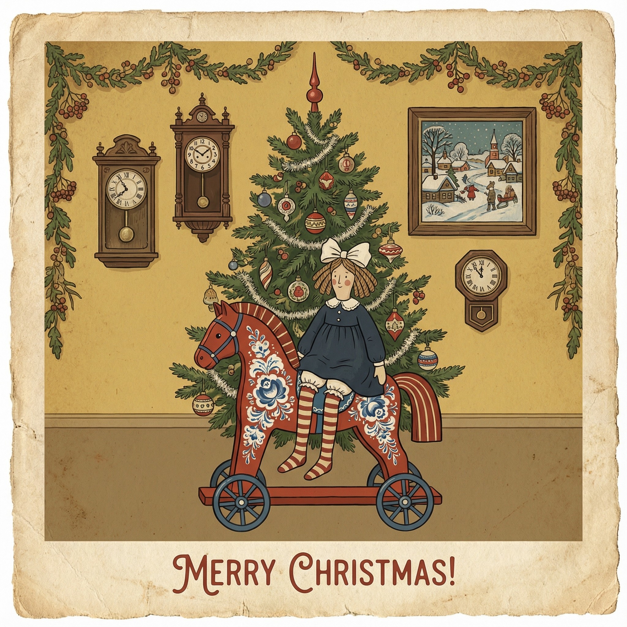 Vintage Christmas Illustration of Doll and Dala Horse