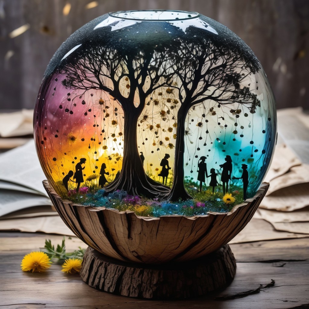 Glass Dome with Colorful Trees and Playful Figures
