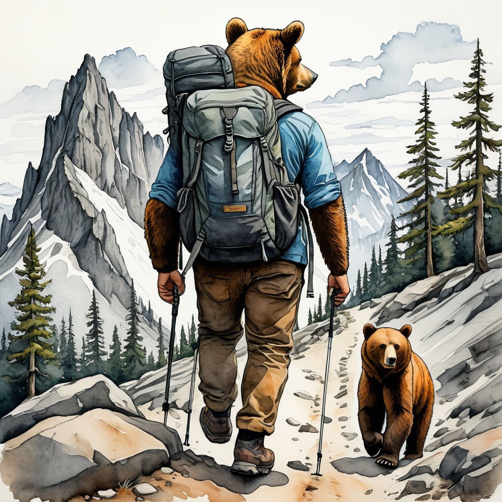 Bear and Hiker on Rocky Mountain Trail with Pines