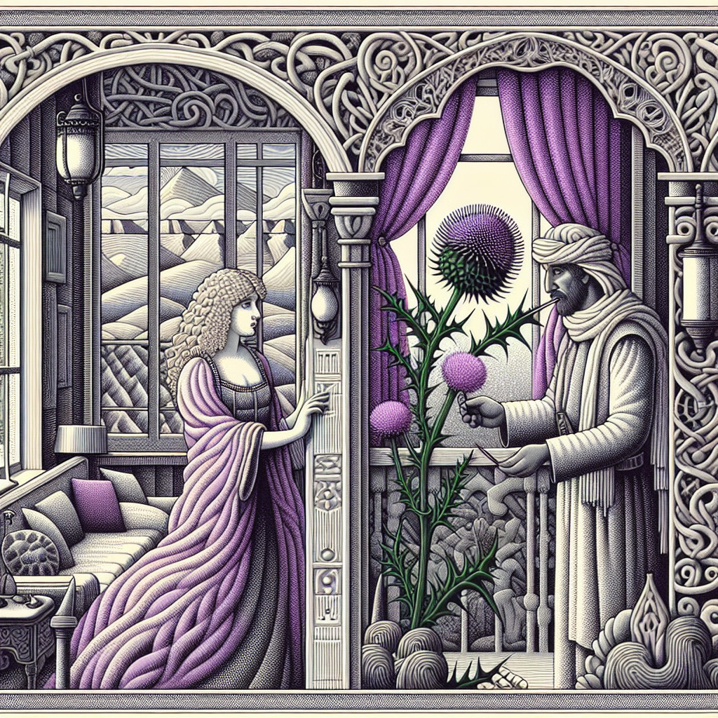 Lavender Gown and Thistle Flower in Ornate Room