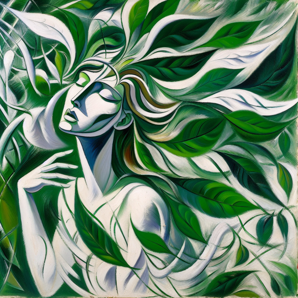 Stylized Female Figure Entwined with Green Leaves