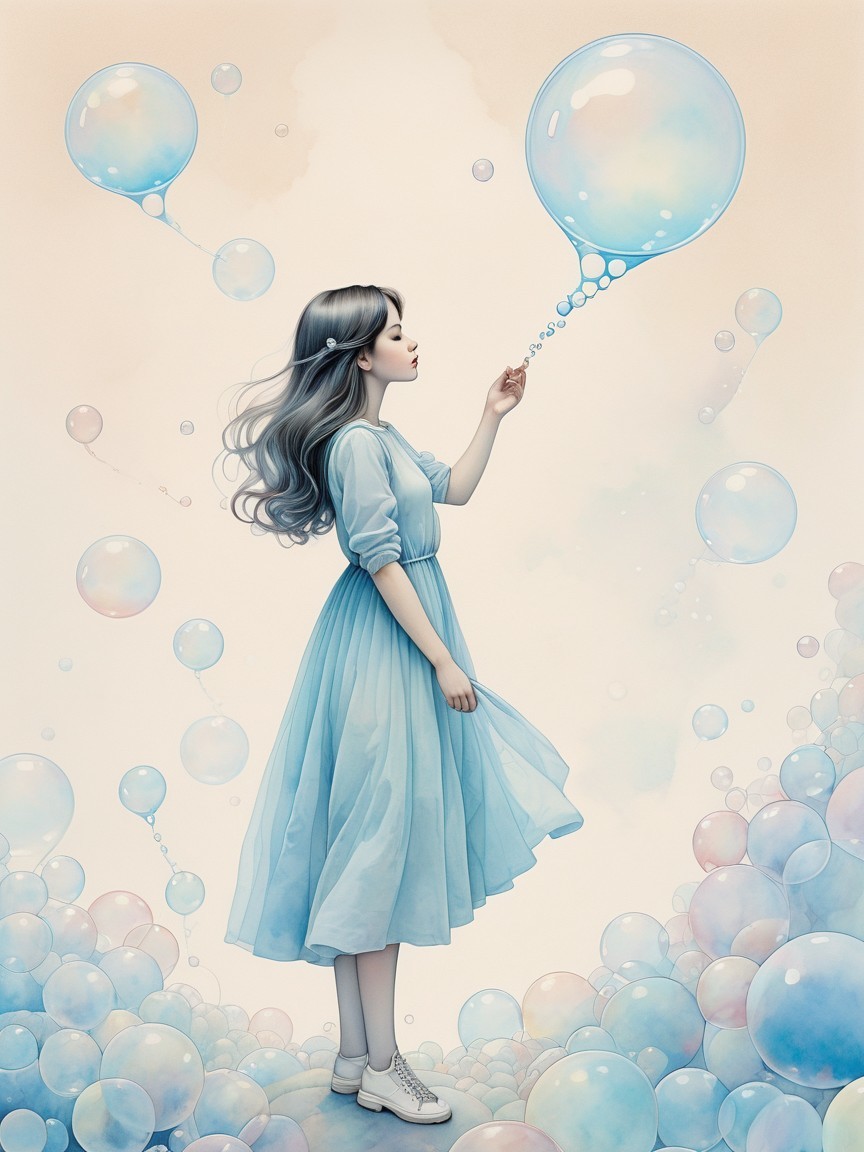 Girl in Light Blue Dress with Pastel Bubbles