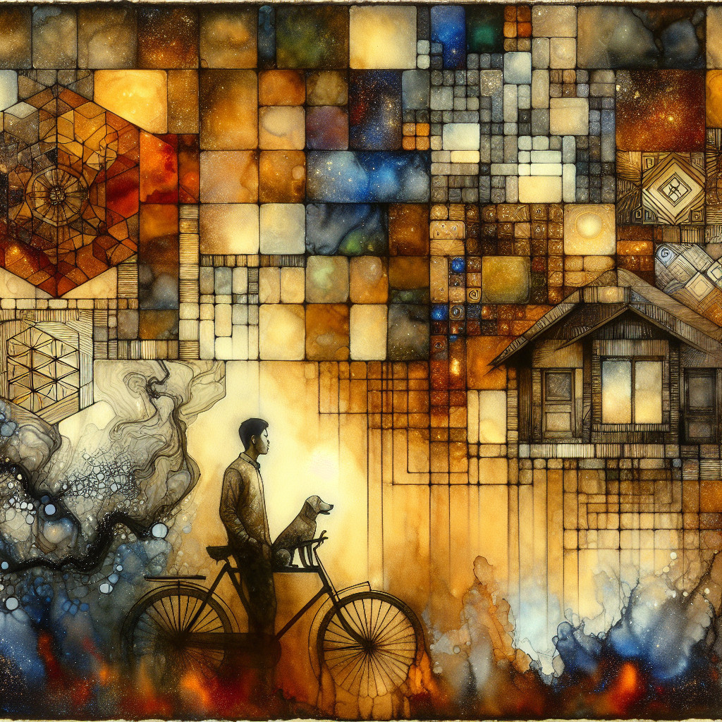 Man on Bicycle with Dog in Abstract Colorful Landscape