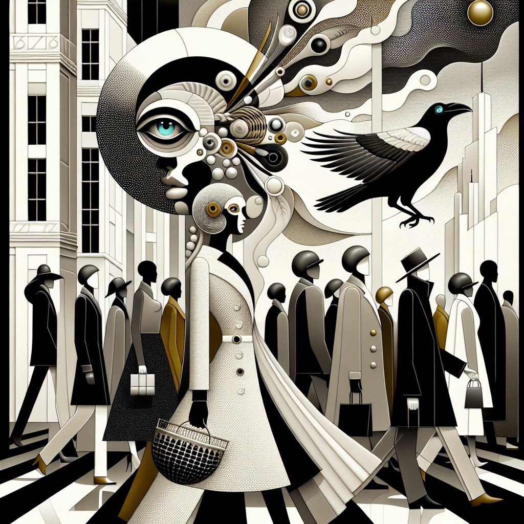 Surreal Urban Scene with Abstract Figures and Patterns