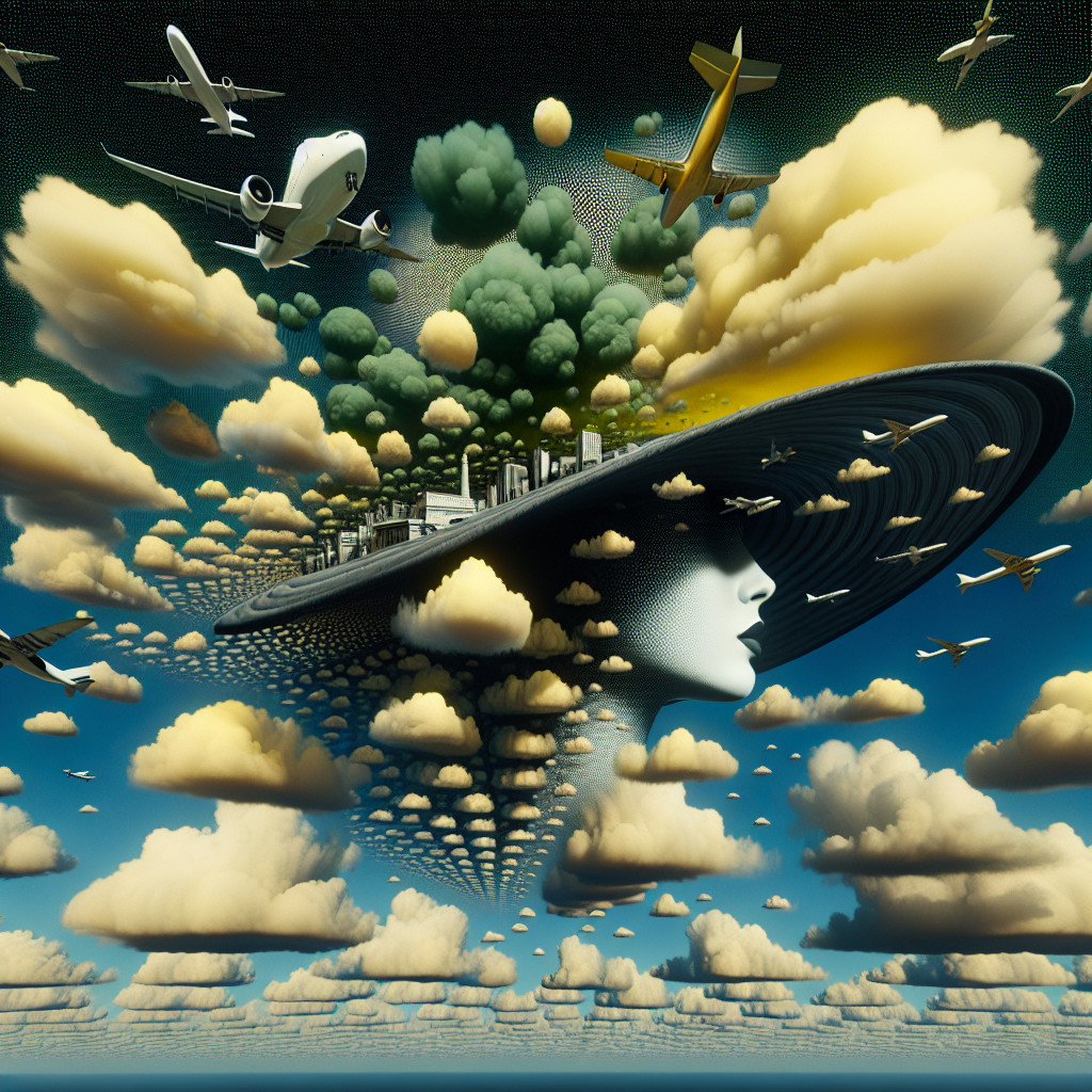 Surreal Landscape with City and Floating Hat Structure