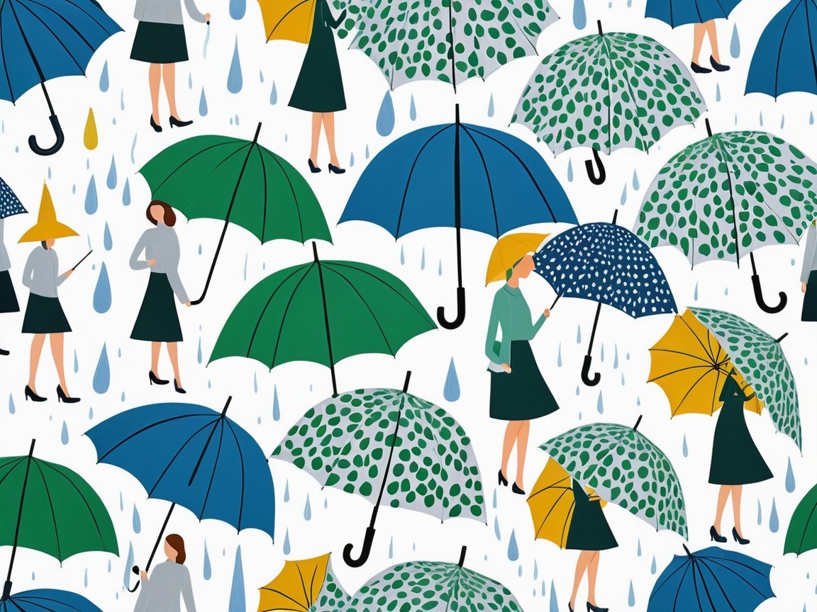 Whimsical Illustration of Colorful Umbrellas and Fashion