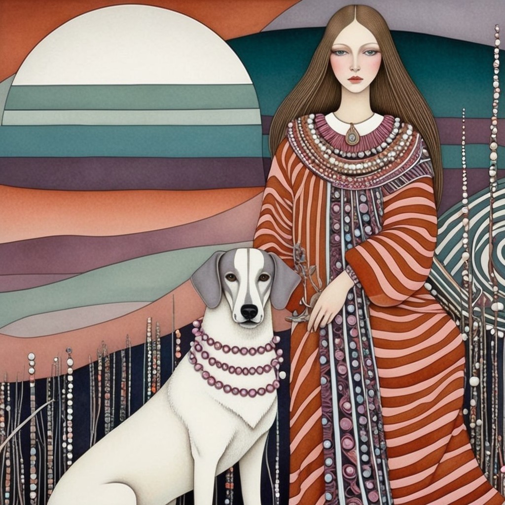 Serene Artwork of Woman, Dog, and Abstract Landscape