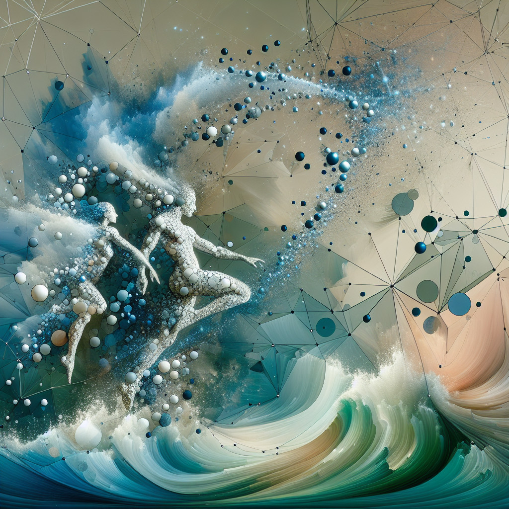 Abstract Figures Surfing on Vibrant Colorful Wave