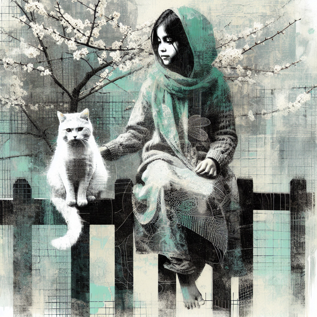 Young girl in robe with cat by cherry blossoms