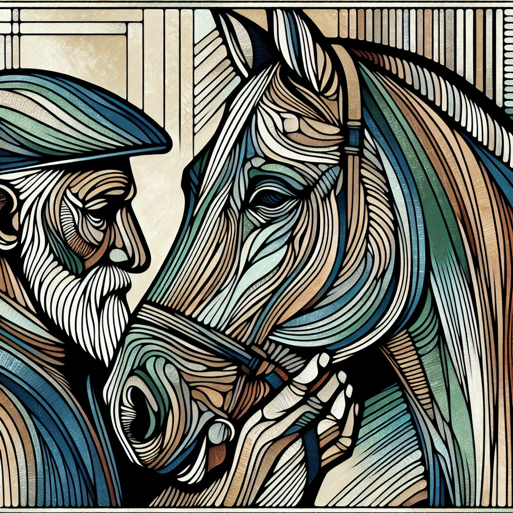 Linocut Artwork of Man and Horse in Swirling Lines