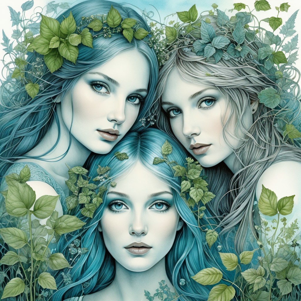 Ethereal Women in Lush Greenery Artwork Description