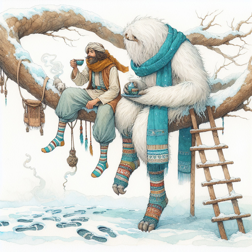 Cozy Winter Scene with Man and Yeti in Snow
