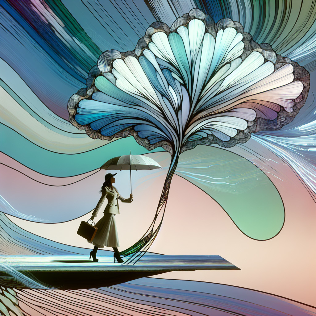 Sophisticated Figure with Umbrella on Abstract Platform