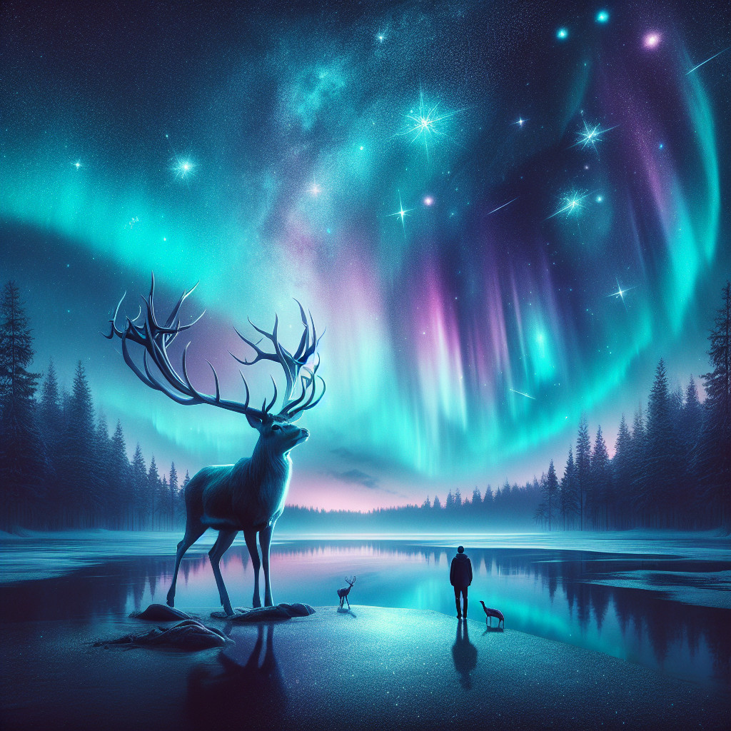 Surreal Scene of Deer Under Aurora Borealis