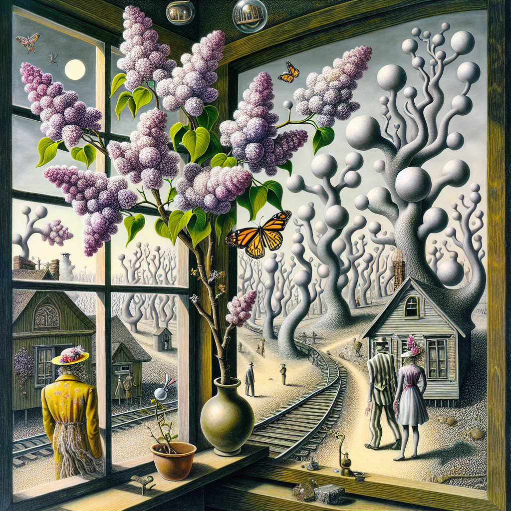 Surreal Landscape with Lilacs and Dreamlike Elements